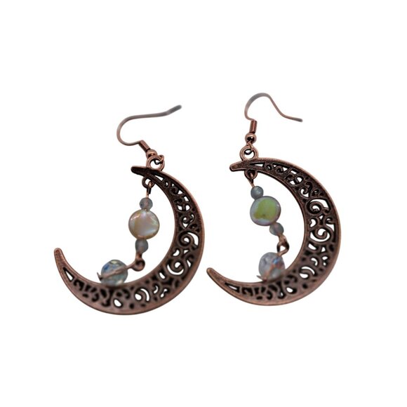 Copper crescent earrings mother of pearl labradorite AB crystal handmade - Picture 4 of 8